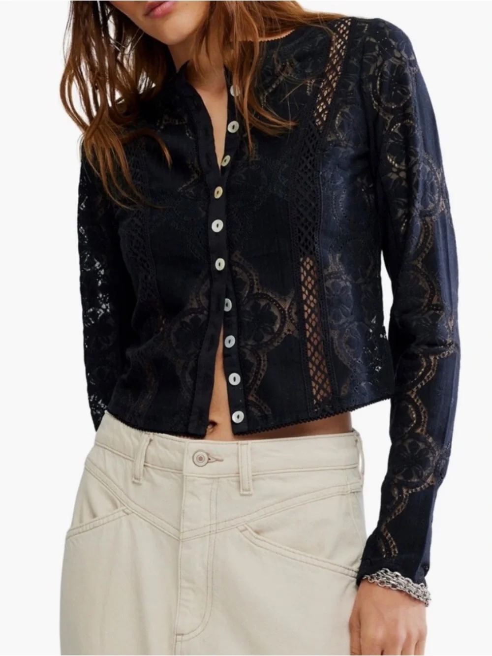 Free People NWT Jae Lace Top Medium Black Long Sleeves Button Front Knit